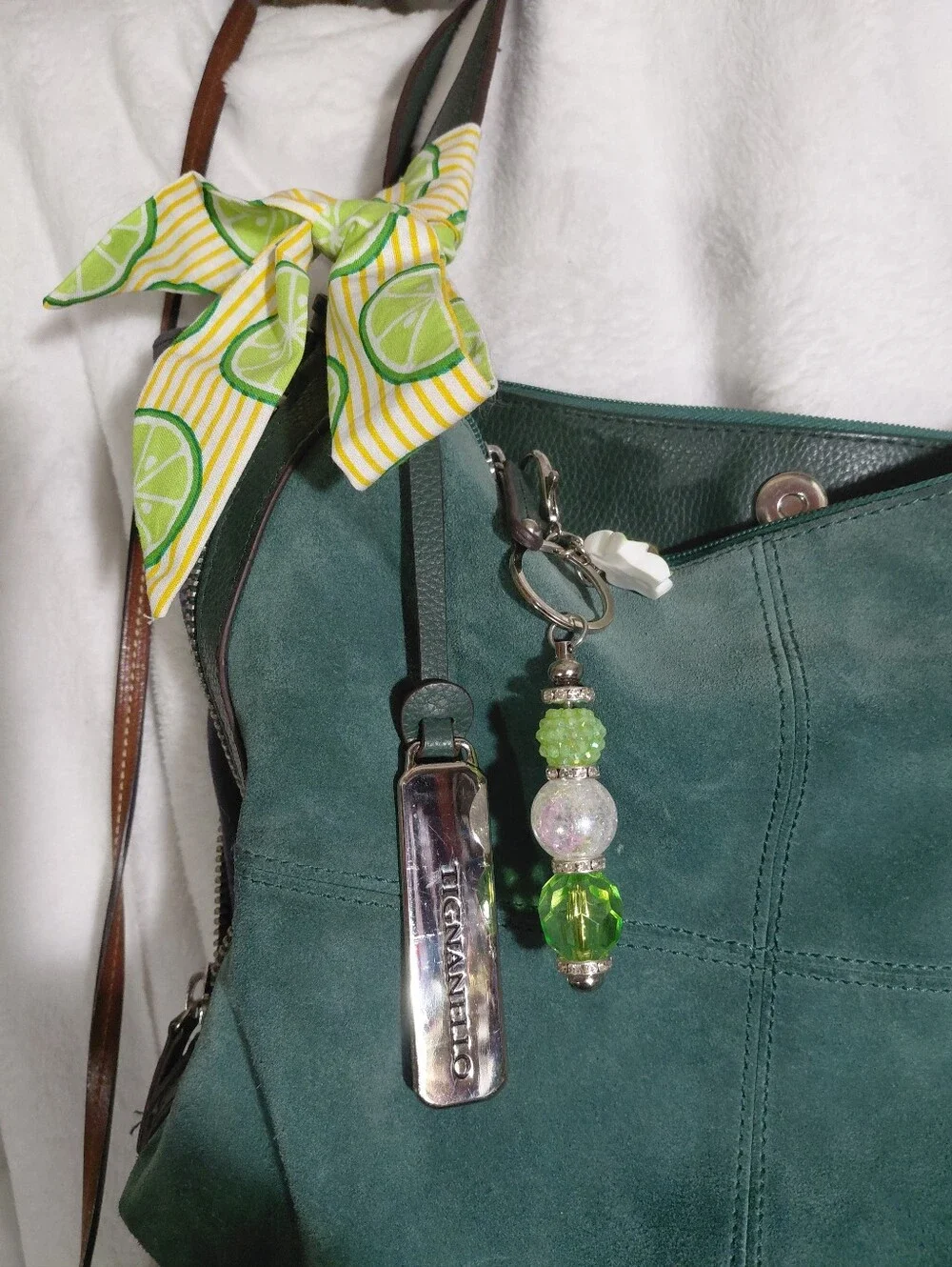 Tignanello Green Suede Shoulder Bag Zipper Sides to Expand